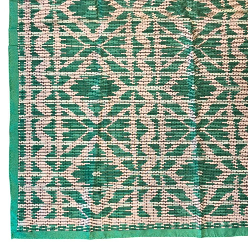 Vintage 70s Polyester Square Scarf Geometric Mosaic Green Beige Teal Japan Made‎